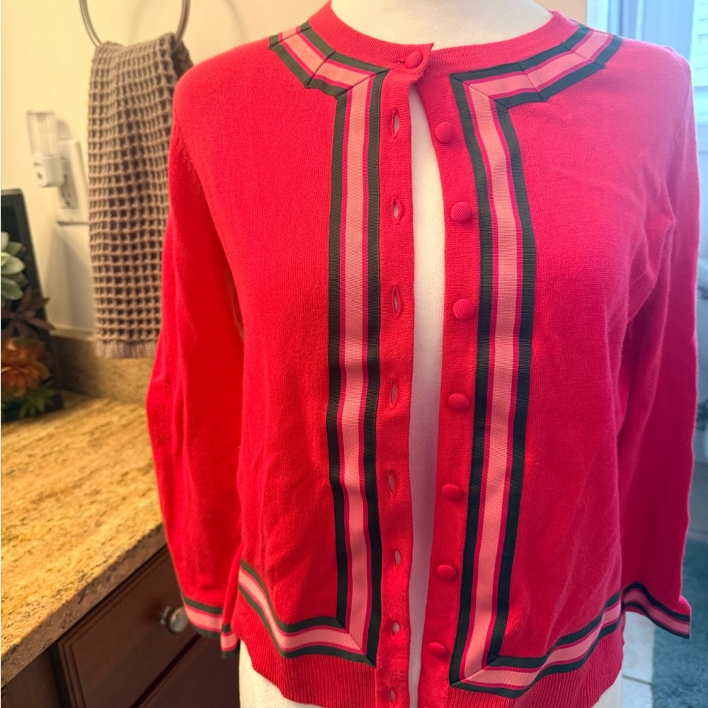 Boden Vibrant Pink Cardigan with Striped Accents. Size UK10/US 6